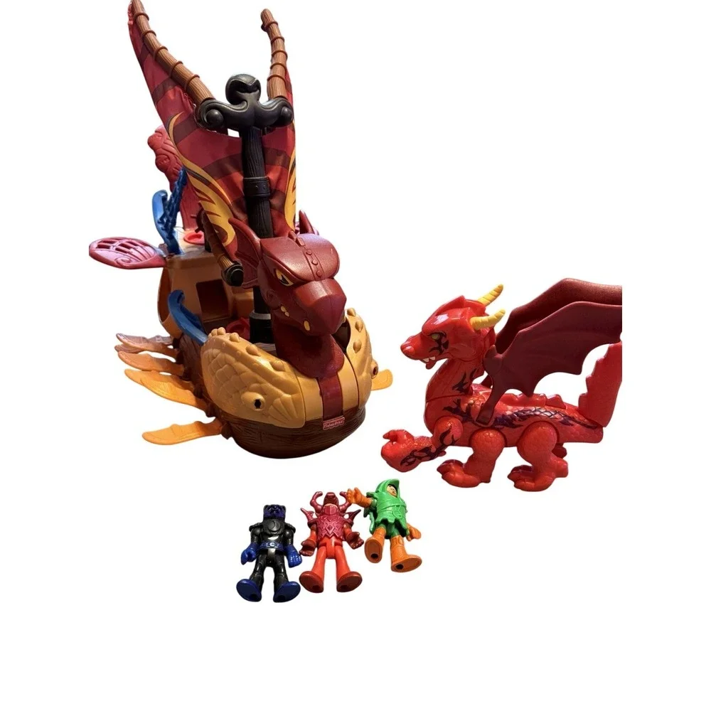 Fisher Price Imaginext Dragon Pirate Ship Boat + Red Dragon & Figures Lot‎